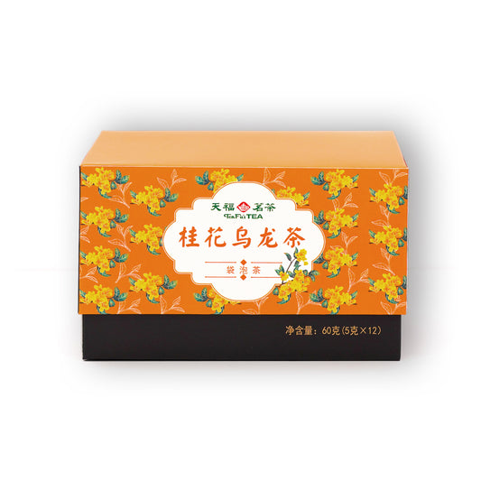 Ten Ren Gui Hua Osmanthus Oolong Pyramid Tea Bags. Natural, organic oolong tea with fragrant floral notes. Enjoy hot or iced. 12 tea bags, 60 g.