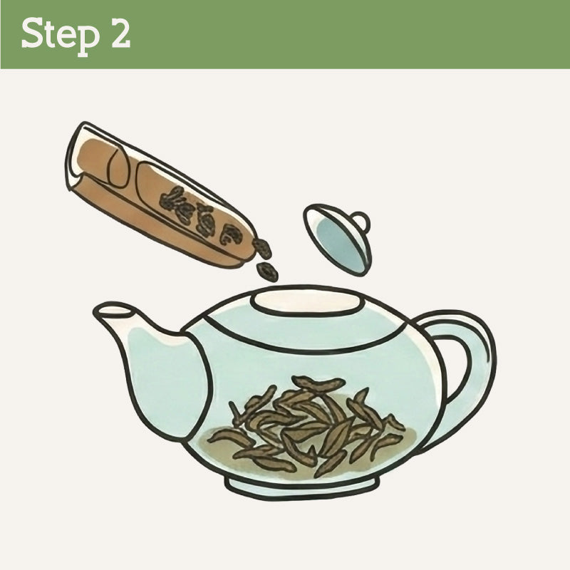 Step 2 Add premium Taiwanese loose leaf tea to a traditional teapot before brewing