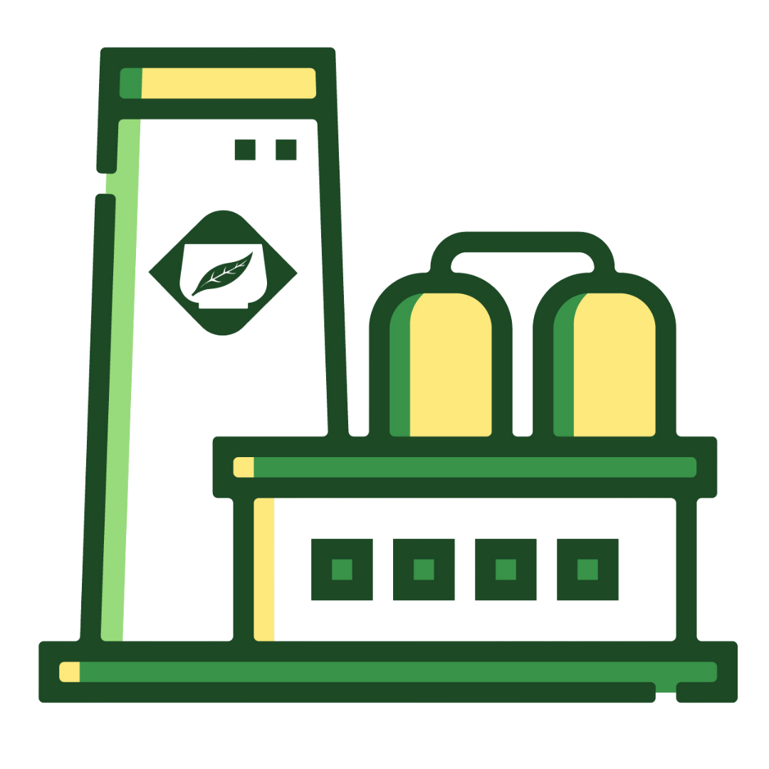 Green and yellow factory icon with a tea leaf symbol