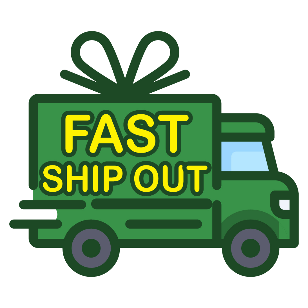 Green delivery truck icon with a gift bow and text reading Fast Ship Out