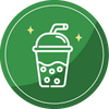 Green circular icon featuring a white line drawing of a bubble tea cup with two sparkling stars