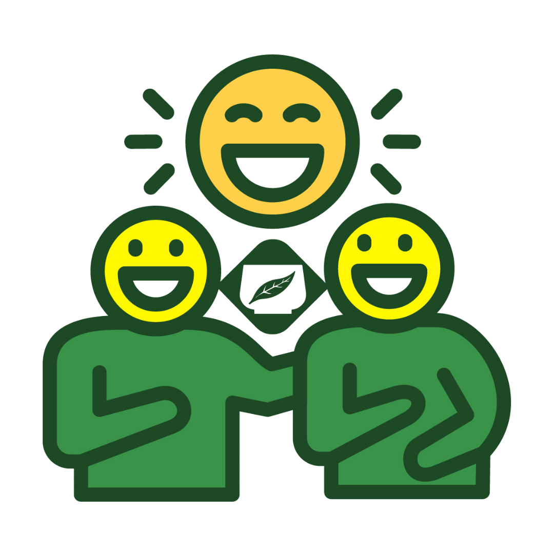 Graphic of two green figures with yellow smiley faces and a central tea leaf icon