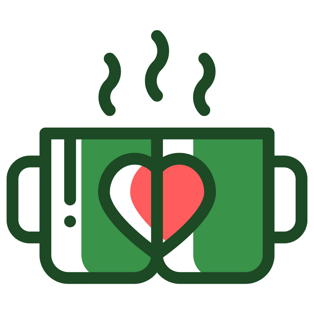 Two green mugs with a heart icon and steam rising