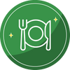 Green circular icon with white outline of a plate fork and knife with two small yellow stars