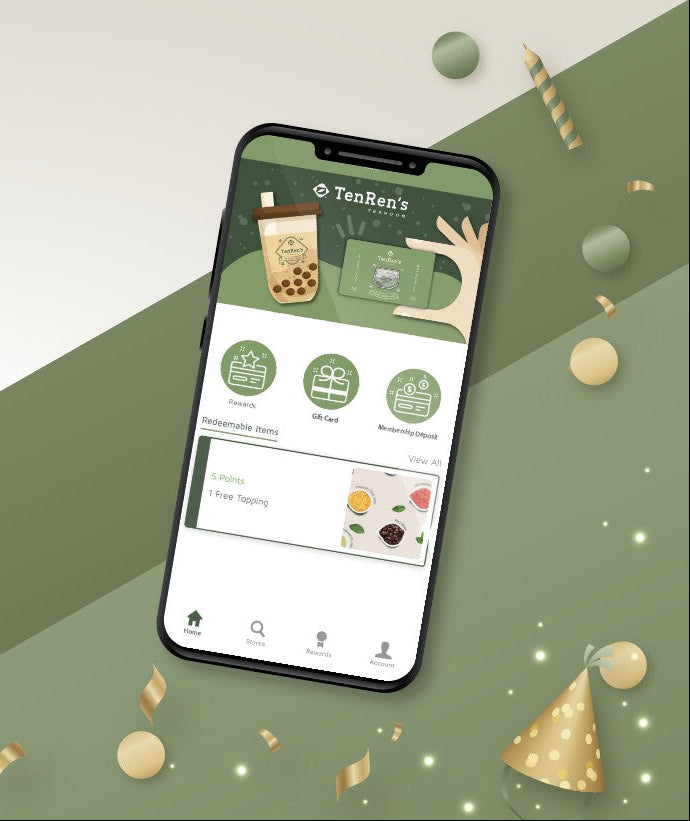 TenRens mobile app interface showing rewards and gift card options on a festive background
