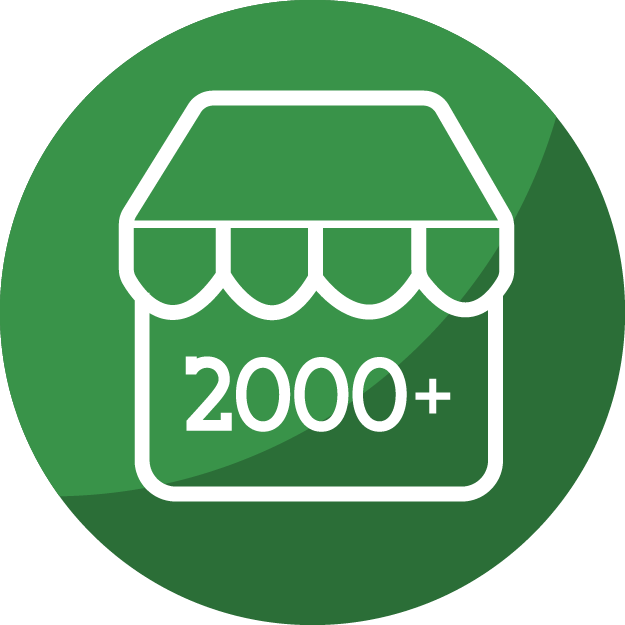 Green circle icon with a white outline of a shop building and the text 2000+