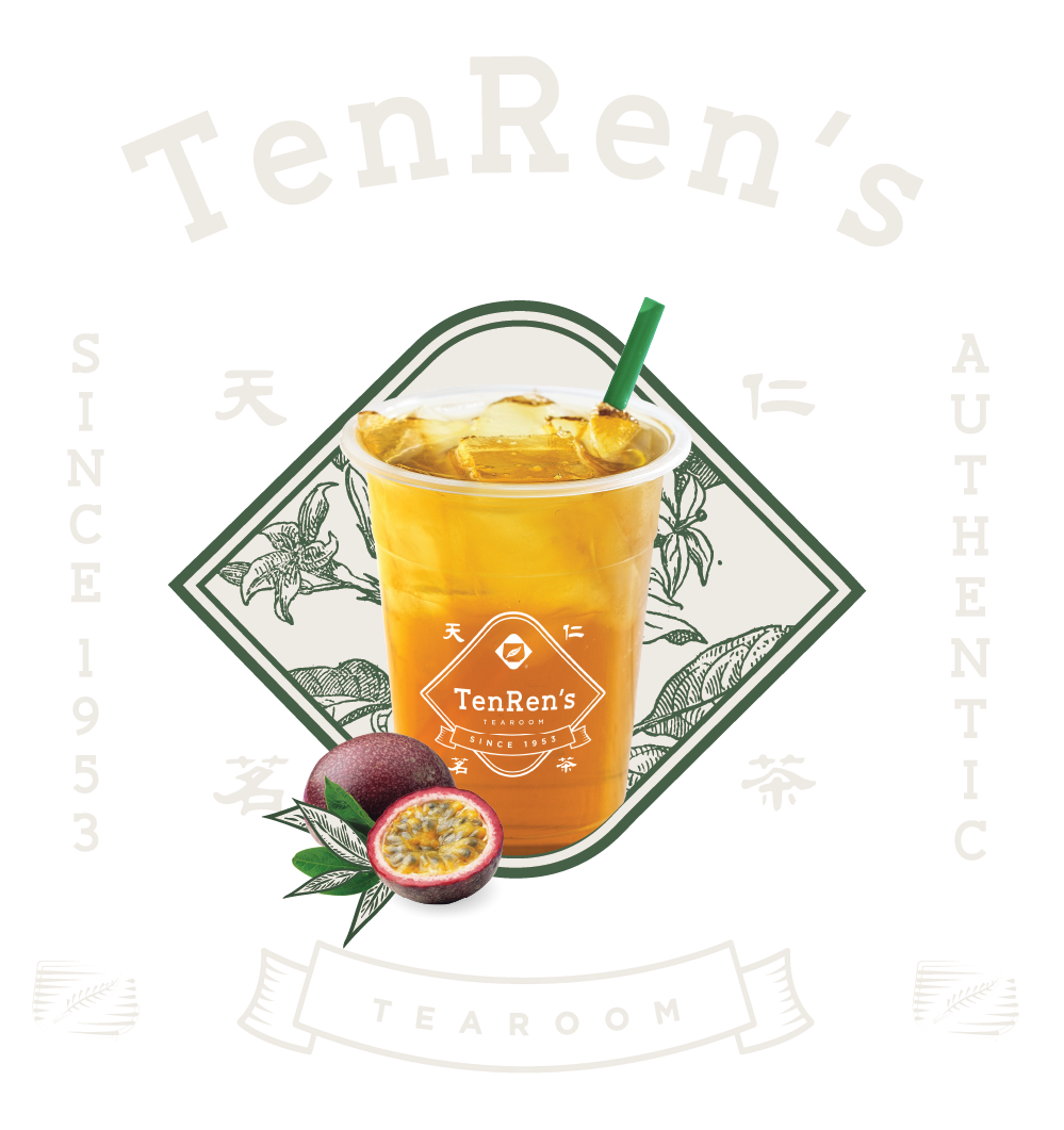 Ten Rens passion fruit iced tea in a clear plastic cup with a green straw and fresh passion fruit